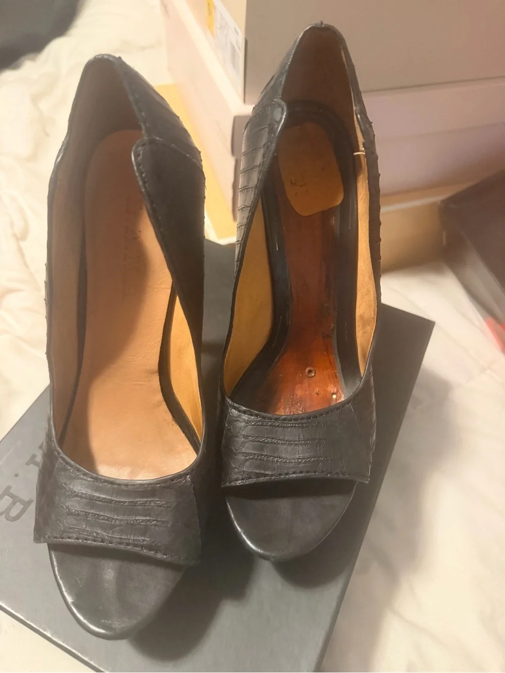 L.A.M.B. Black Textured Peep-Toe Platform Pumps